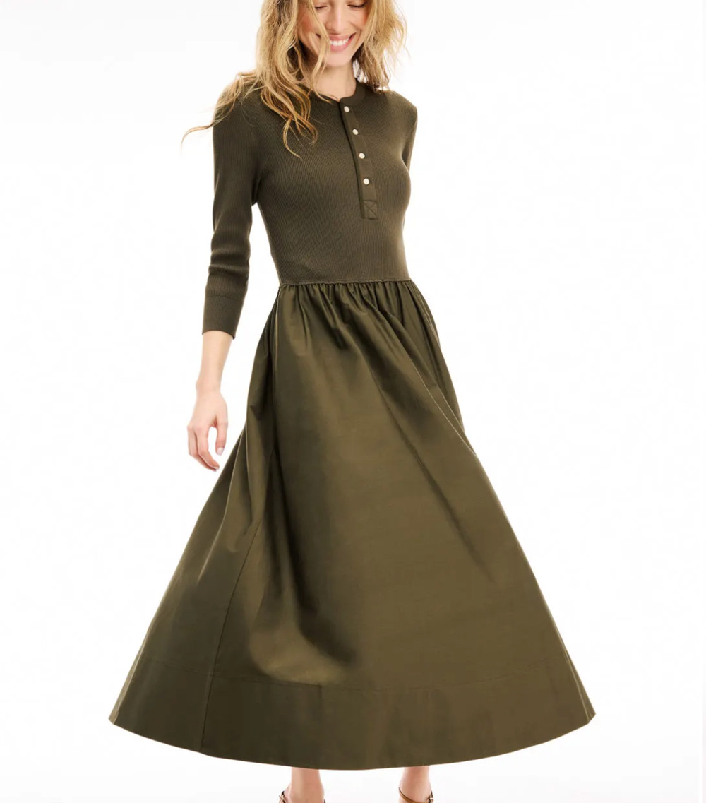 Polo Ralph Lauren Olive Fit Flare Midi Dress SMALL Henley Cotton Designer $400